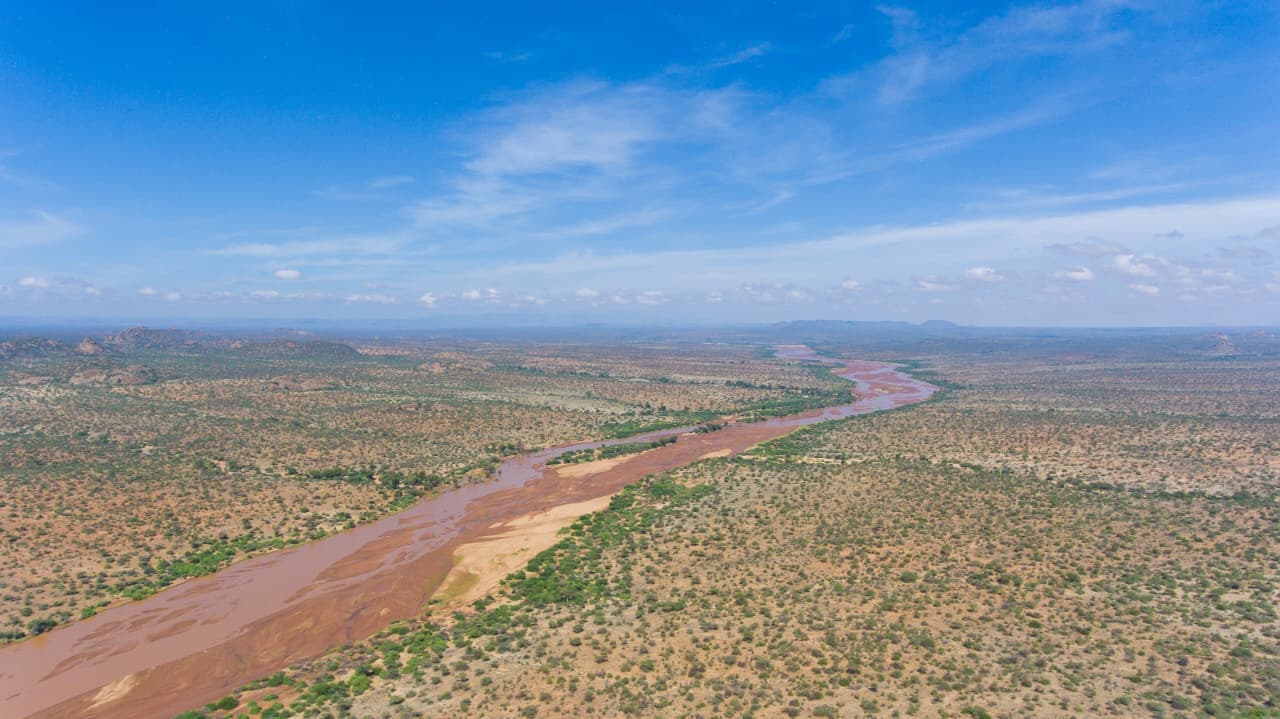 Aerial view of the Ewaso Ny'iro River's braided muddy channel winding through dryland vegetation