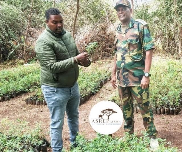 ASREP Africa team leader at a tree nursery showing indigenous seedlings ready for community planting
