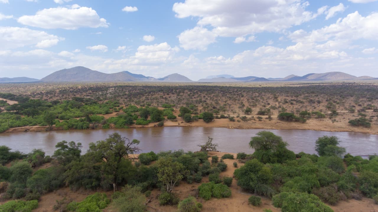 Aerial view of the Ewaso Ny'iro River flowing between green riverbank woodland and semi-arid rangelands in Isiolo County