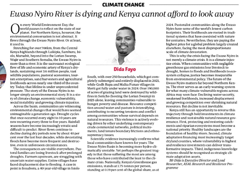 Newspaper clipping of the op-ed by Dida Fayo, Executive Director and Lead Researcher of ASREP Africa, titled 'Ewaso Nyiro River is dying and Kenya cannot afford to look away', published in a Kenyan daily's climate change section